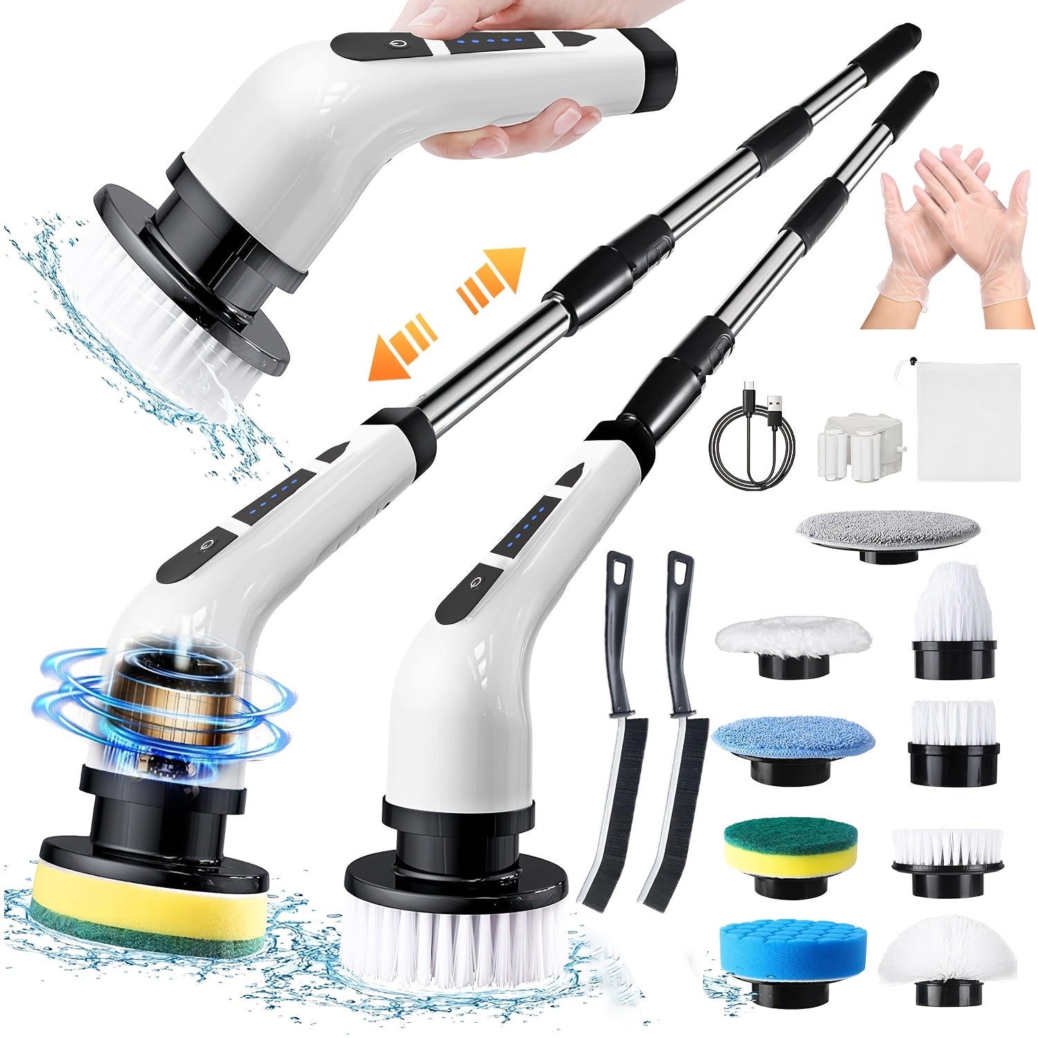 Cepillo de limpieza elctrico giratorio cepillo de limpieza inalmbrico con 9 cabezales de cepillo reemplazables cepillo de bao con brazo de extensin cepillo de piso de baldosas motorizado de 2 velocidades para baera fregadero rueda blanco