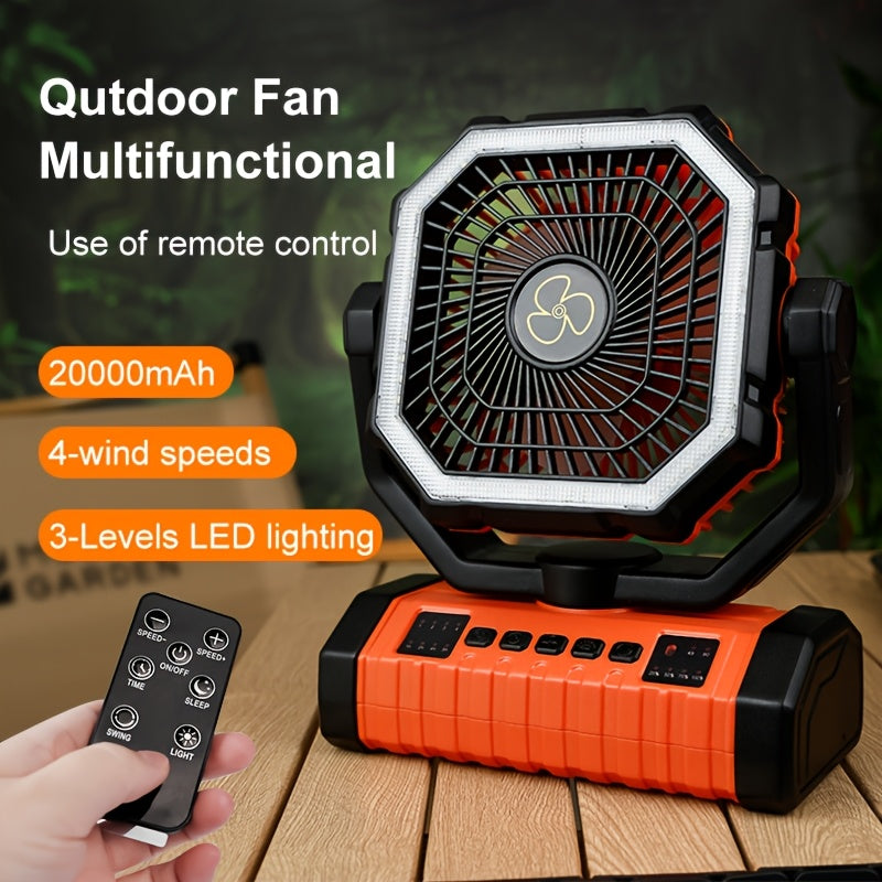 Ventilador de camping porttil LED de 20000mAh con luz integrada ventilador recargable ventilador de enfriamiento para exteriores recargable por USB para tiendas de campaa senderismo y pesca  Diseo compacto y duradero verde y naranja esencial para