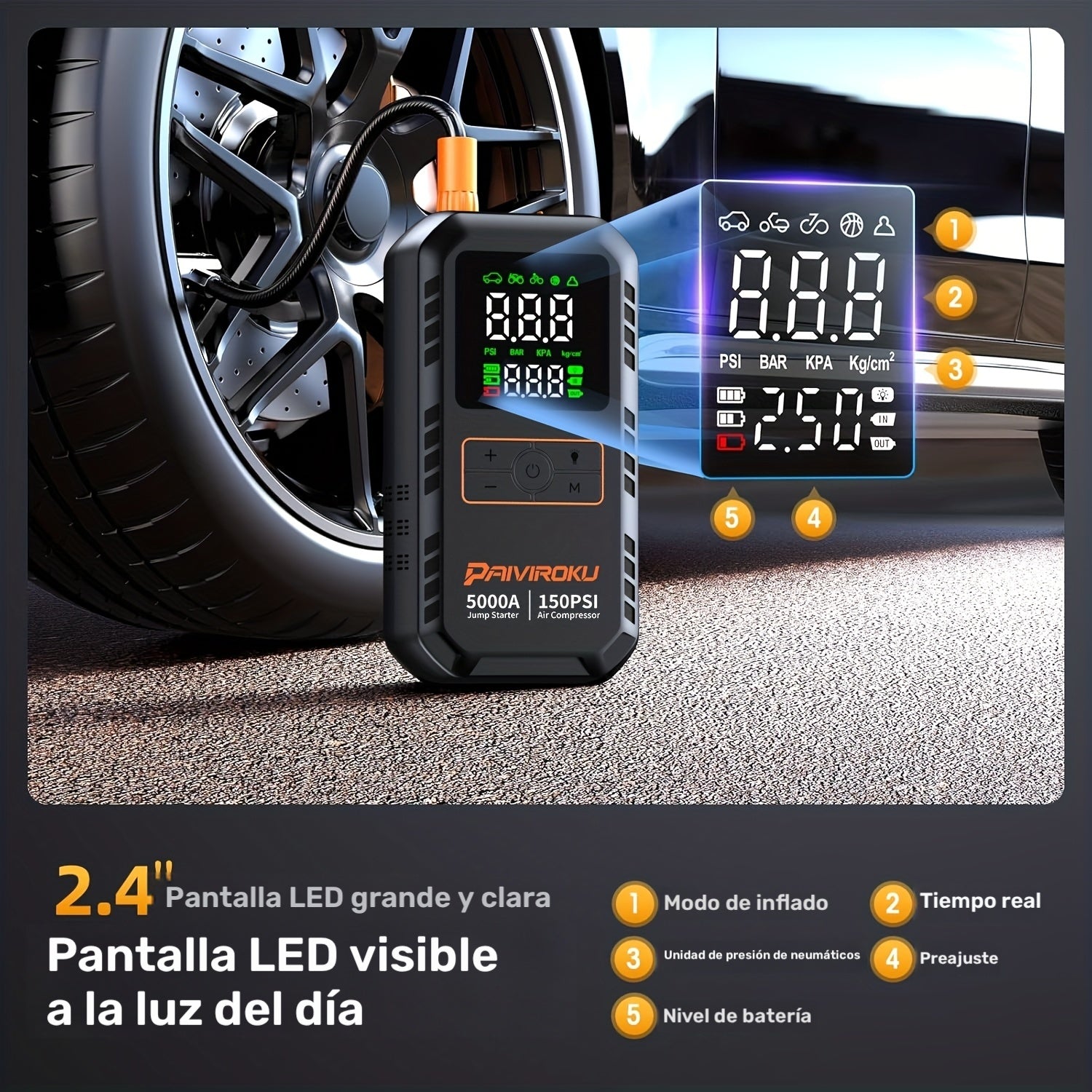 Arrancador Porttil 7 en 1 con Compresor de Aire Bomba de Aire de 150 PSI para Neumticos de Coche Arrancador de Pico de 5000A para Coches 70L Gasolina159gal Disel Pantalla LCD Linterna LED y Luz de Emergencia Banco de Energa Porttil con Carg