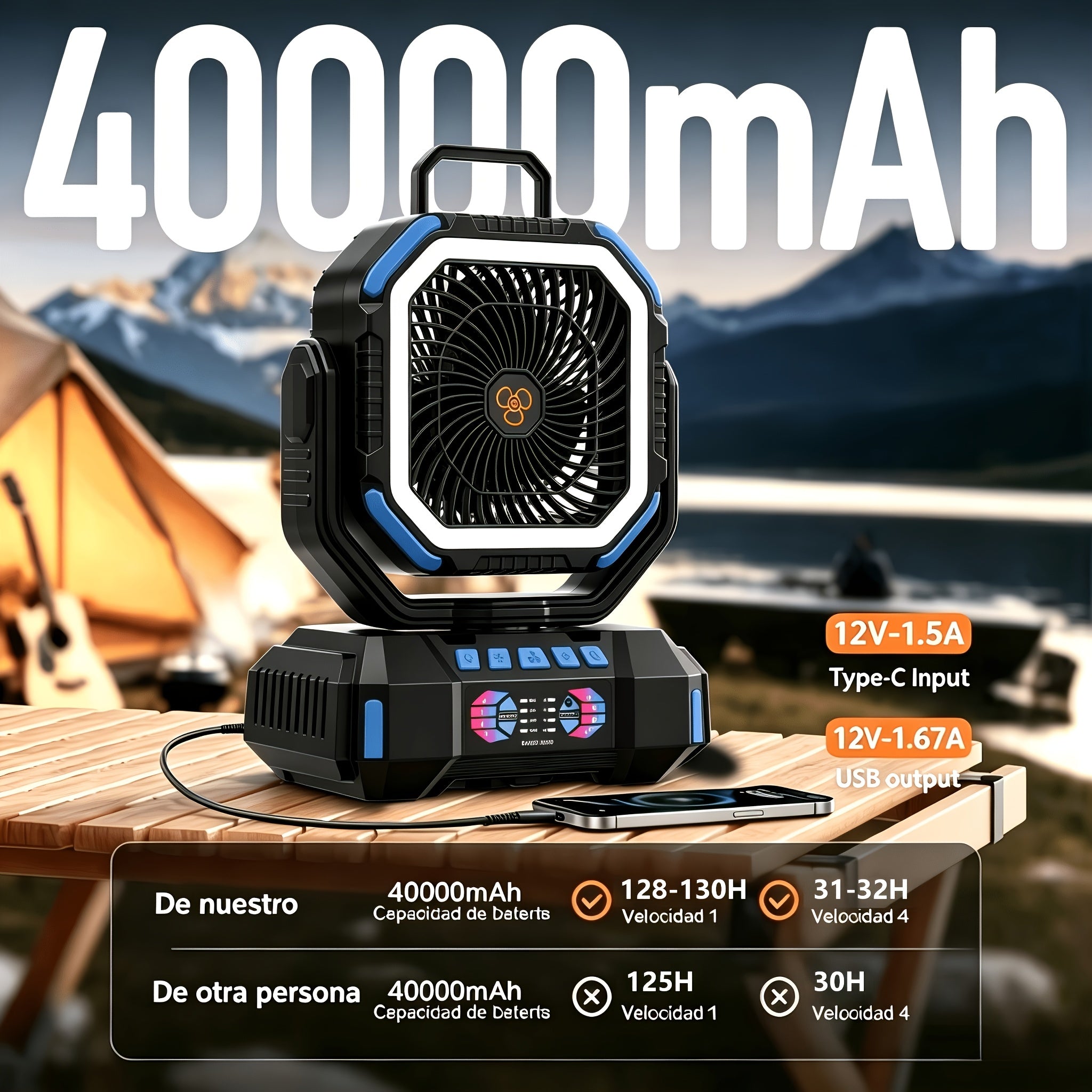 Ventilador de camping porttil 3 en 1 batera externa de 40000 mAh  Enfriamiento iluminacin y carga batera de larga duracin viento ajustable de 4 velocidades LED regulable rotacin multingulo para camping en tiendas de campaa senderismo hoga