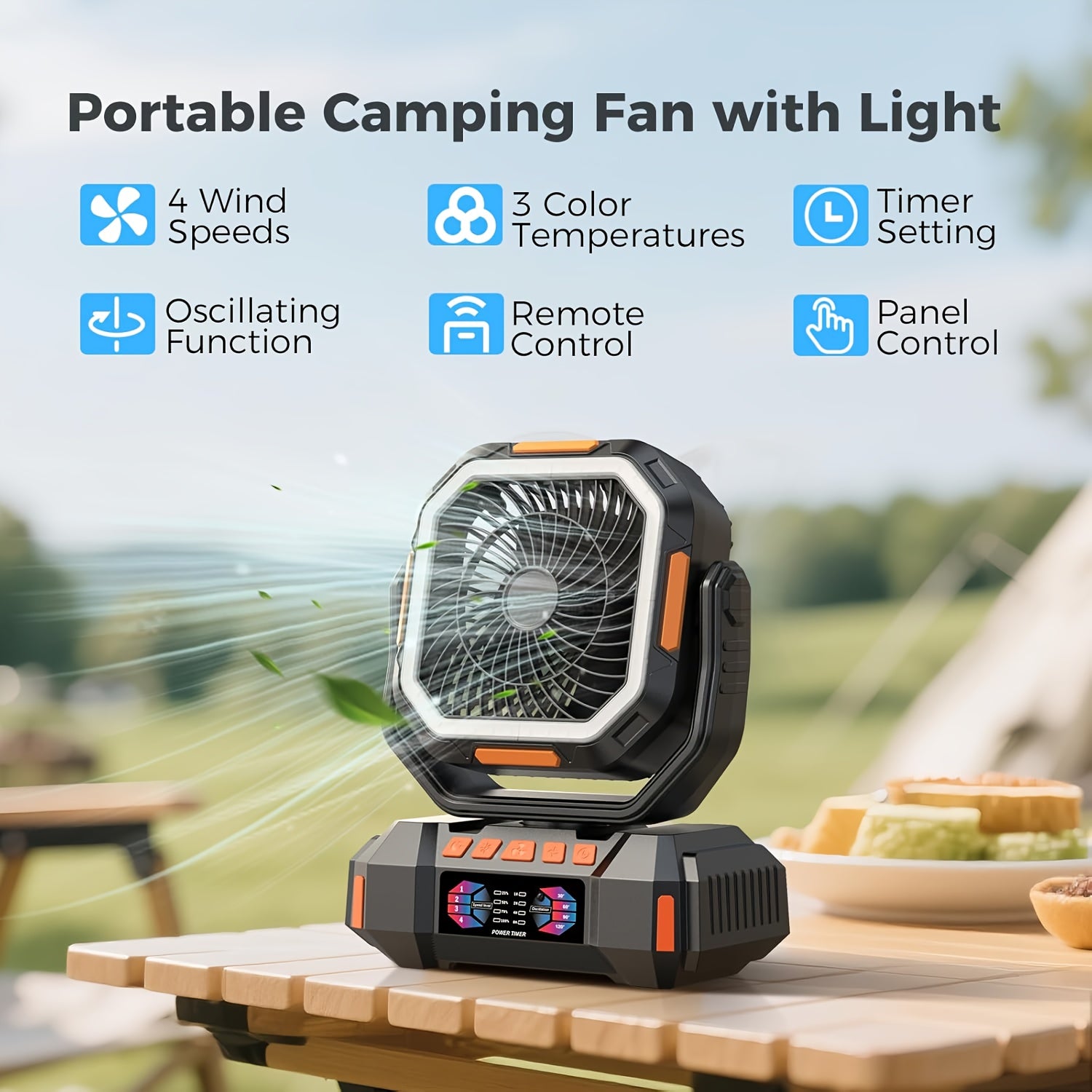 Ventilador porttil de 40000 mAh con gancho y luz LED brillante control remoto inalmbrico adecuado para cortes de energa camping barbacoa viajes ventilador de enfriamiento para el hogar con temporizadoroscilacin automtica recargable para uso e