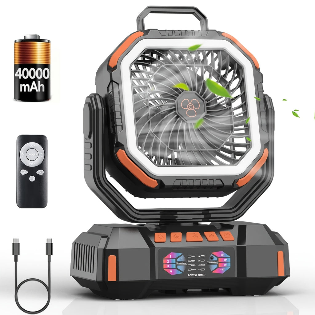 Ventilador de camping porttil con luz LED batera recargable de 40000 mAh control remoto y funcin oscilante carga USBC 4 velocidades de viento oscilacin de 120 temporizador de 1 a 8 horas control remoto incluido Apto para uso en interiores y 