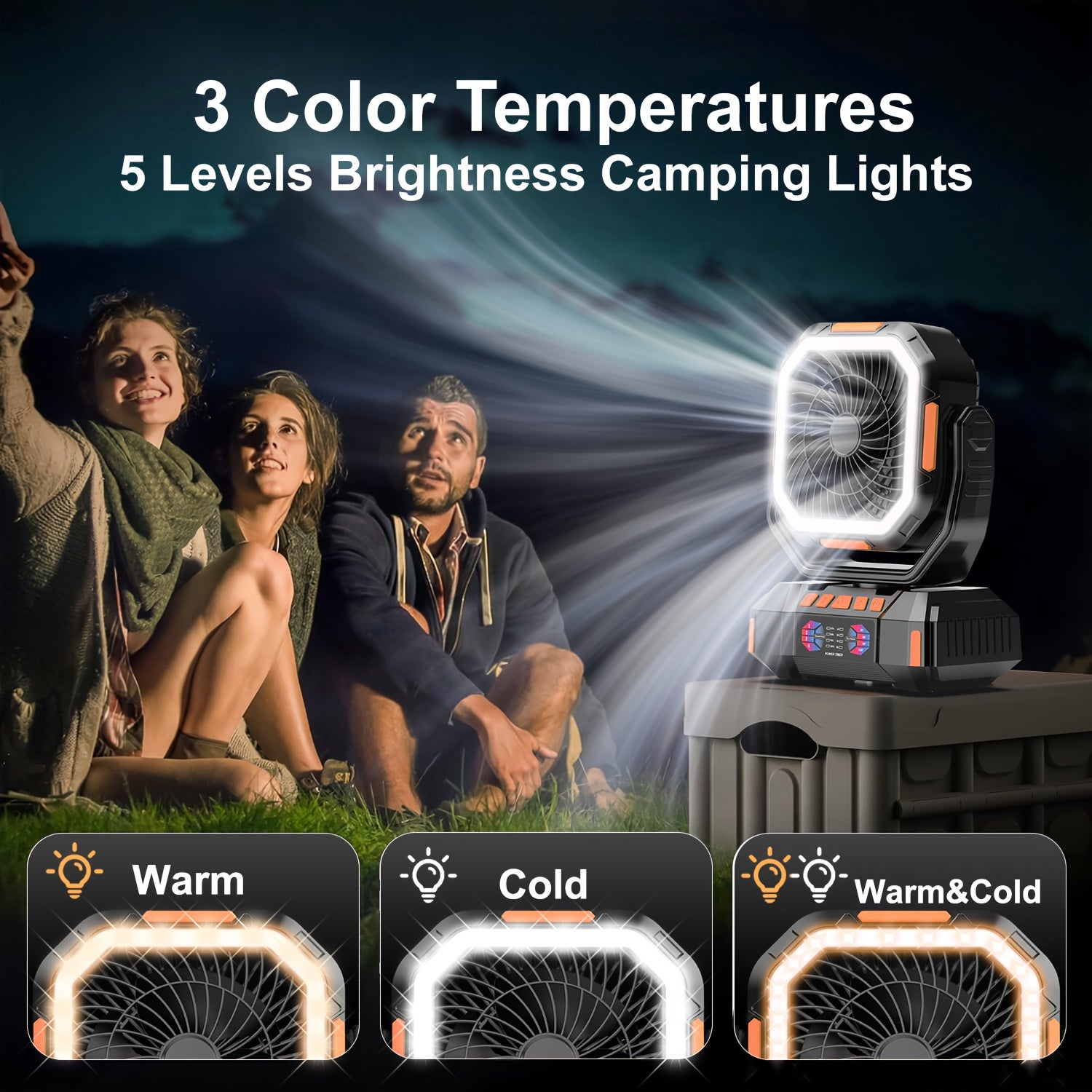 Un ventilador de camping con una batera de 40000 mAh Este dispositivo recargable funciona a altas velocidades y viene con un control remoto y temporizador Es perfecto para viajes en coche equipo de camping en RV y es esencial durante las interrupcione